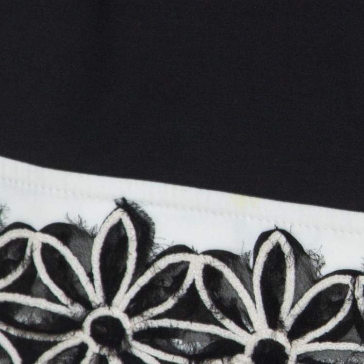 Pre Owned St. John Black Stretch Cotton Contrast Hem Floral Applique Detail Skirt L