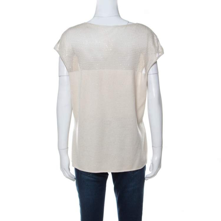 Pre Owned St. John Beige Knit Embellished Crochet Back Detail French Sleeve Top L