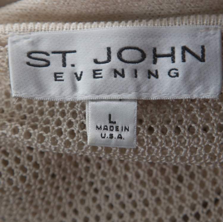 Pre Owned St. John Beige Knit Embellished Crochet Back Detail French Sleeve Top L