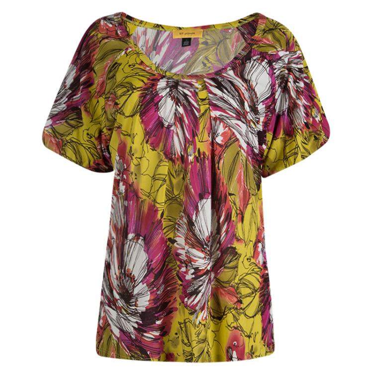 Pre Owned St. John Multicolor Floral Printed Silk Knit Short Sleeve Top L