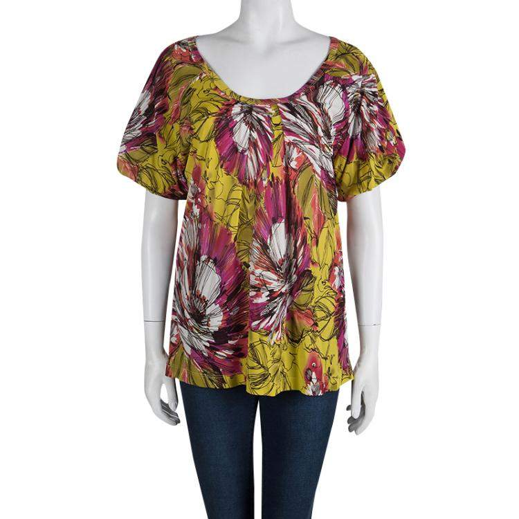 Pre Owned St. John Multicolor Floral Printed Silk Knit Short Sleeve Top L