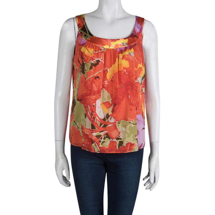 Pre Owned St. John Orange Floral Printed Silk Sleeveless Top M