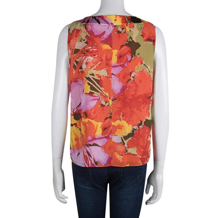 Pre Owned St. John Orange Floral Printed Silk Sleeveless Top M