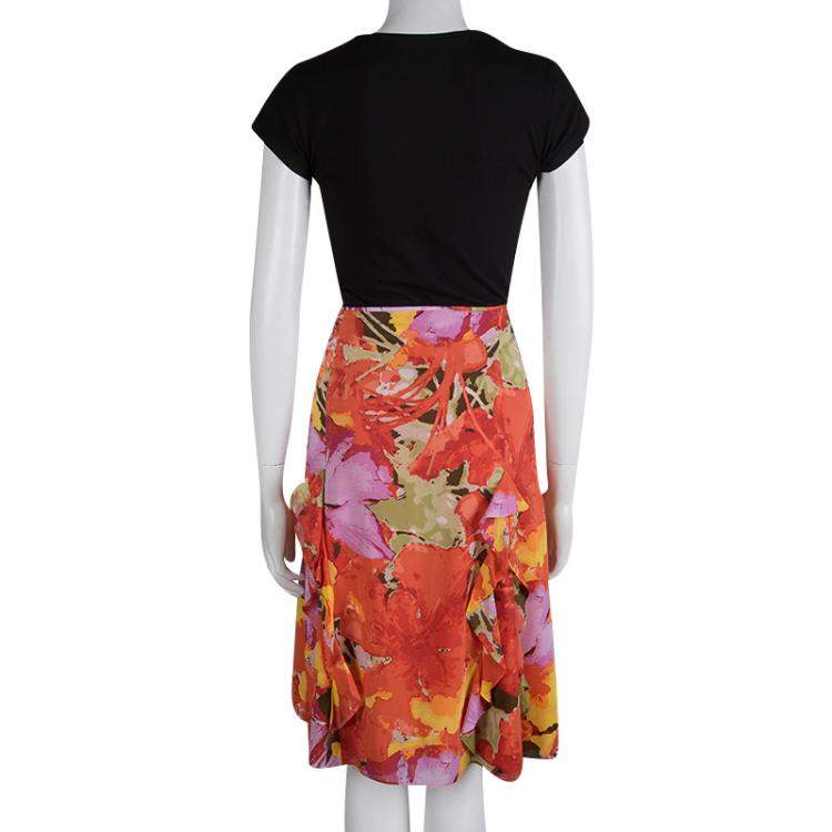 Pre Owned St. John Orange Floral Printed Silk Ruffle Detail Skirt XL