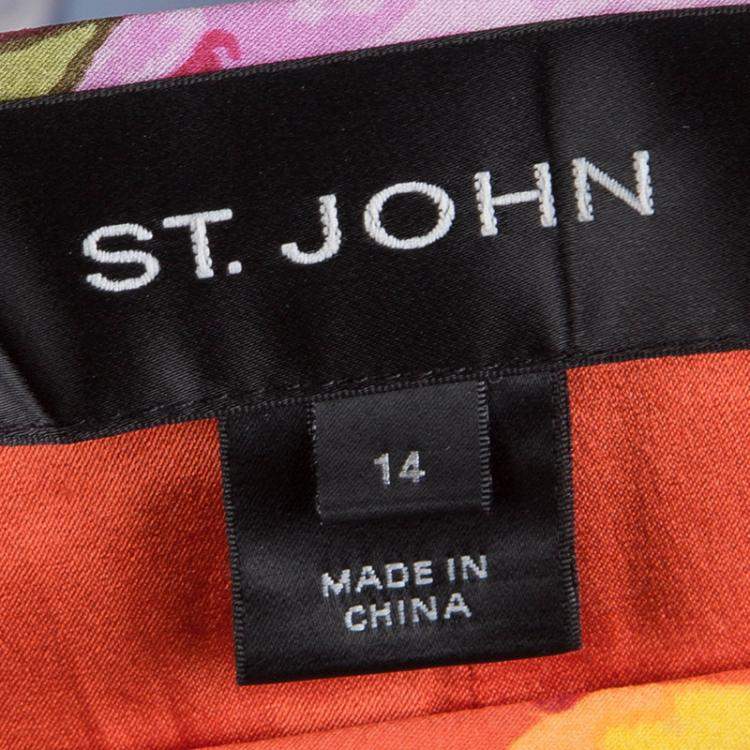 Pre Owned St. John Orange Floral Printed Silk Ruffle Detail Skirt XL