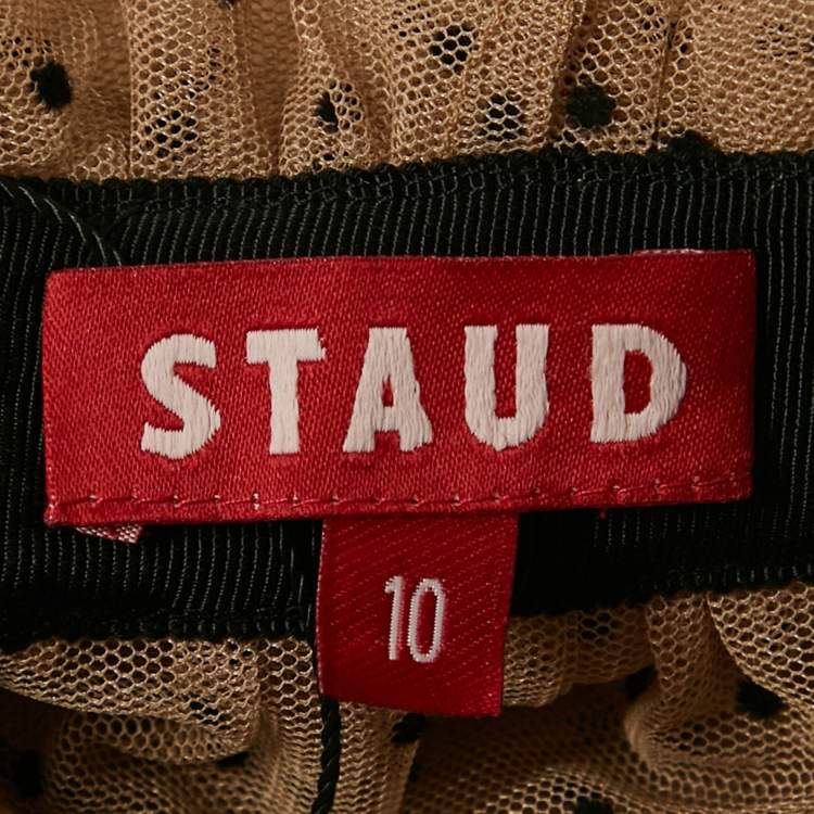 Pre Owned Staud Dark Beige Dot Printed Mesh Shirt & Skirt L