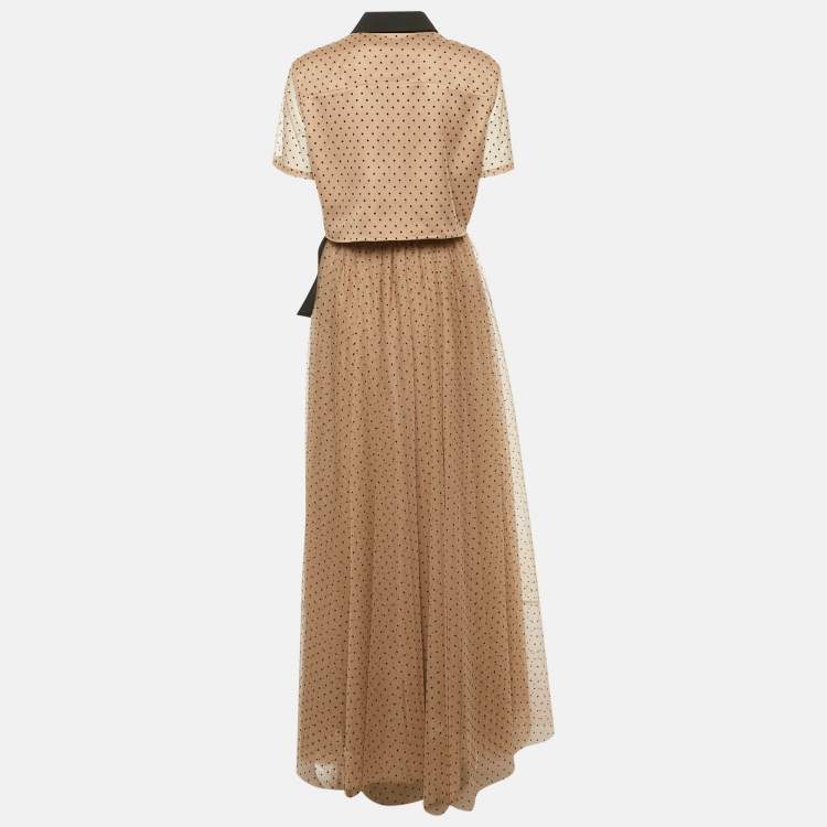 Pre Owned Staud Dark Beige Dot Printed Mesh Shirt & Skirt L