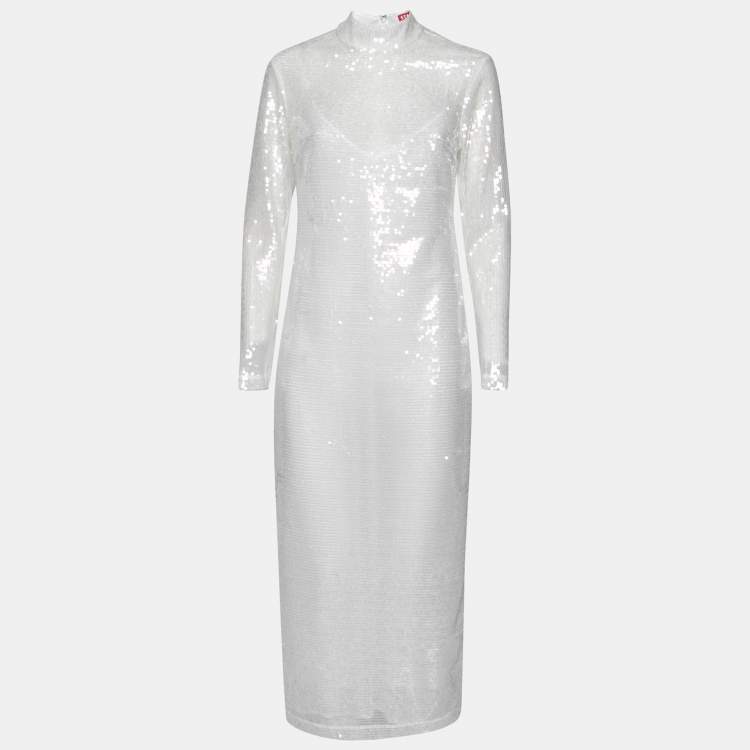 Pre Owned Staud White Sequin Embellished Long Sleeve Midi Dress M