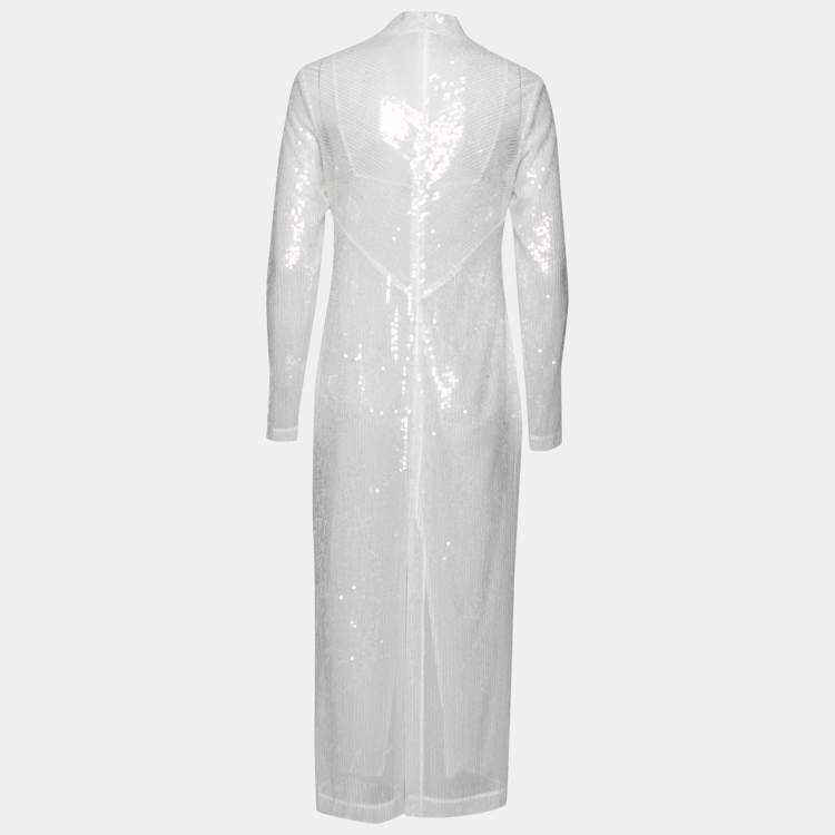 Pre Owned Staud White Sequin Embellished Long Sleeve Midi Dress M