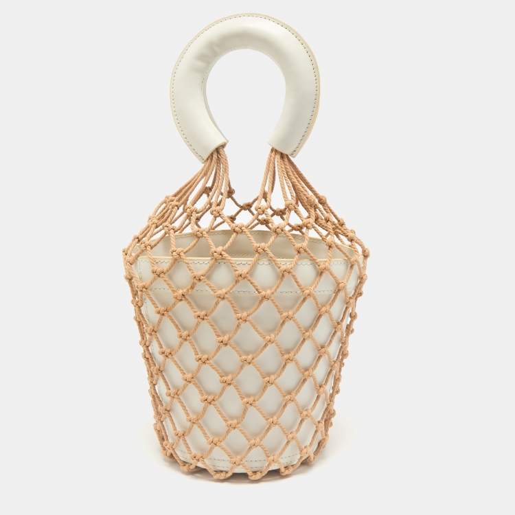 Pre Owned Staud White/Brown Woven and Leather Moreau Bucket Bag