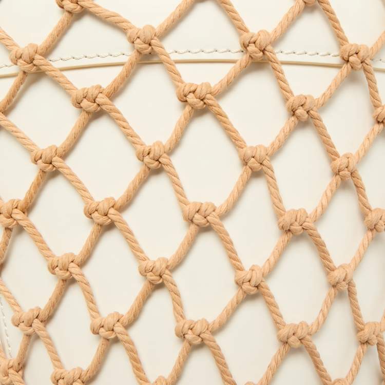 Pre Owned Staud White/Brown Woven and Leather Moreau Bucket Bag