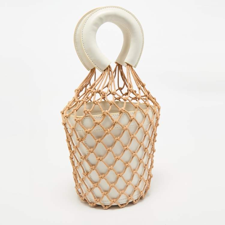 Pre Owned Staud White/Brown Woven and Leather Moreau Bucket Bag