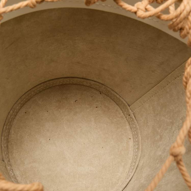 Pre Owned Staud White/Brown Woven and Leather Moreau Bucket Bag