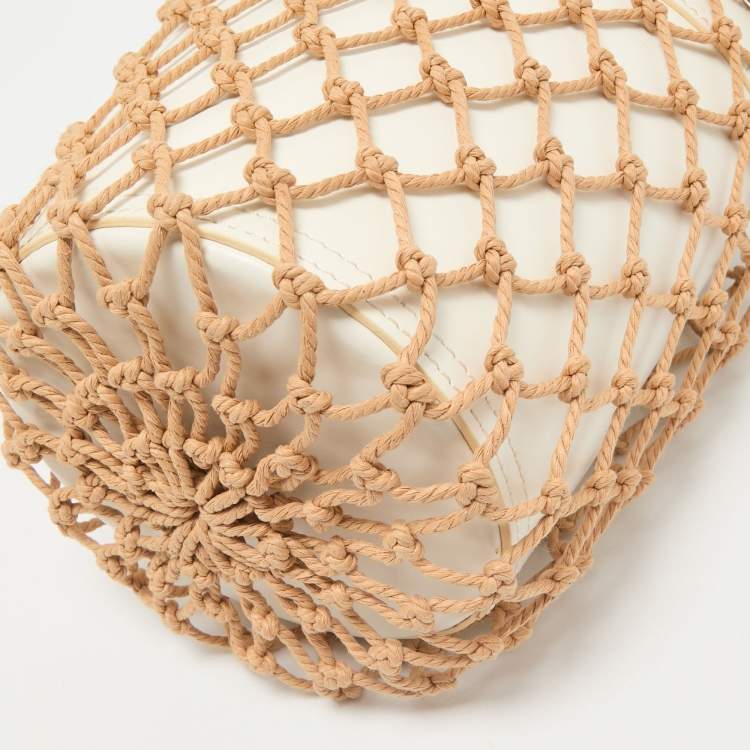 Pre Owned Staud White/Brown Woven and Leather Moreau Bucket Bag