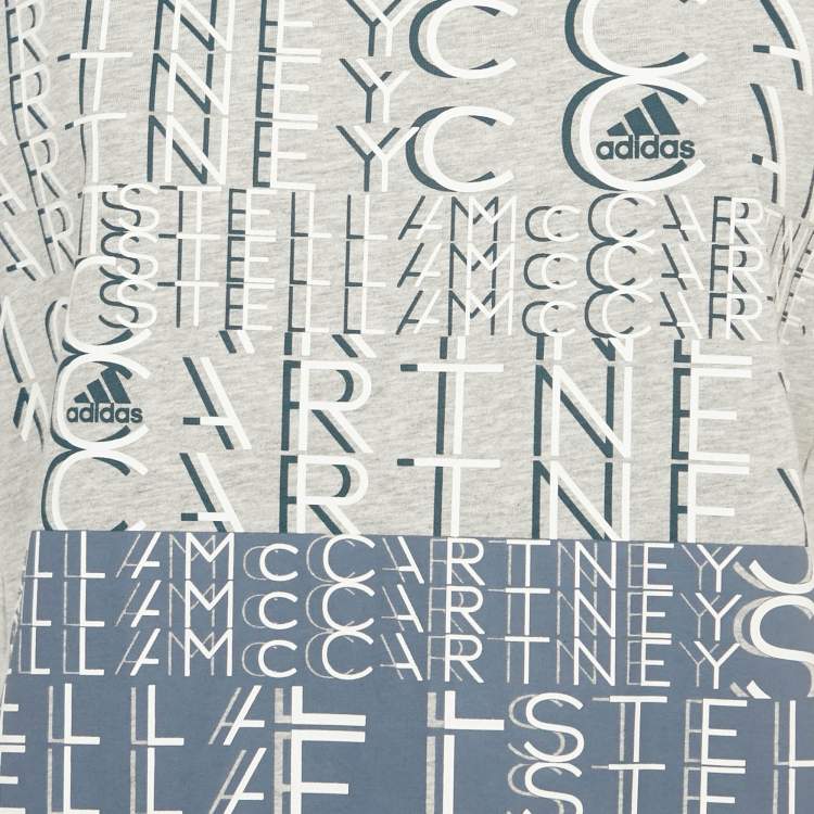 Pre Owned Stella McCartney X Adidas Grey Printed Cotton & Mesh Detail T-Shirt XS 