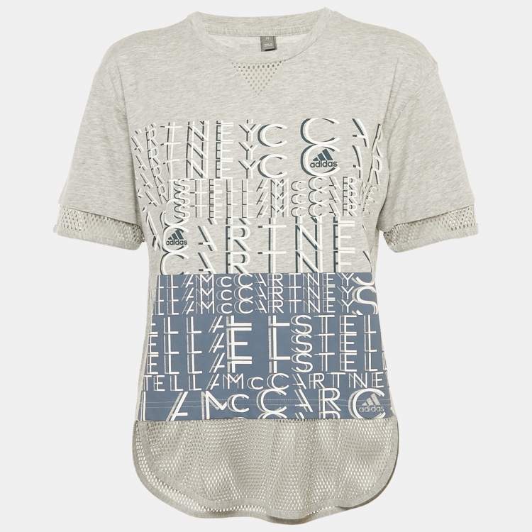 Pre Owned Stella McCartney X Adidas Grey Printed Cotton & Mesh Detail T-Shirt XS 