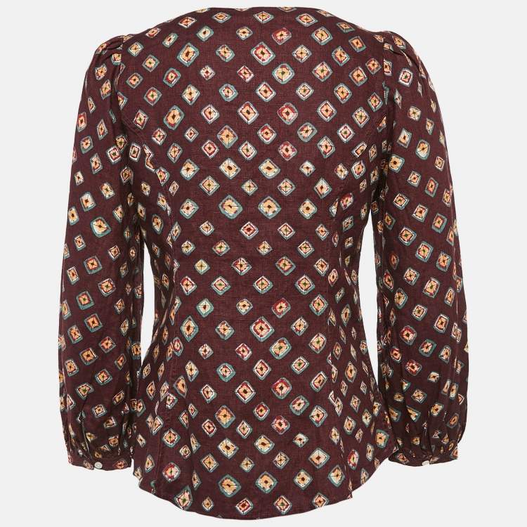Pre Owned Polo Ralph Lauren Burgundy Printed Linen Blouse S