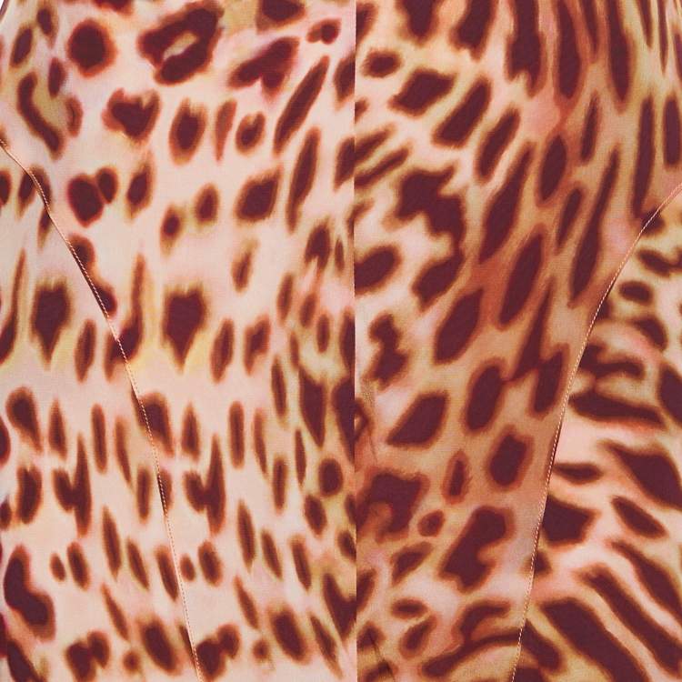 Pre Owned Stella McCartney Pink/Brown Leopard Print Silk Flared Midi Skirt XS