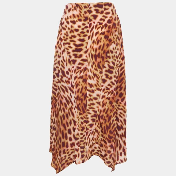 Pre Owned Stella McCartney Pink/Brown Leopard Print Silk Flared Midi Skirt XS