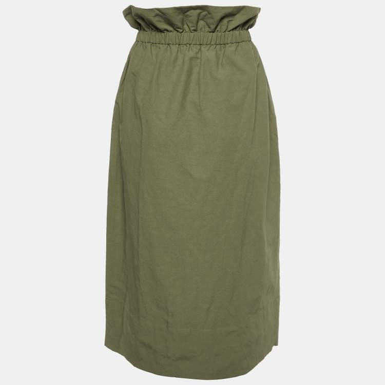 Pre Owned Stella McCartney Khaki Green Cotton Blend Paperbag Midi Skirt M