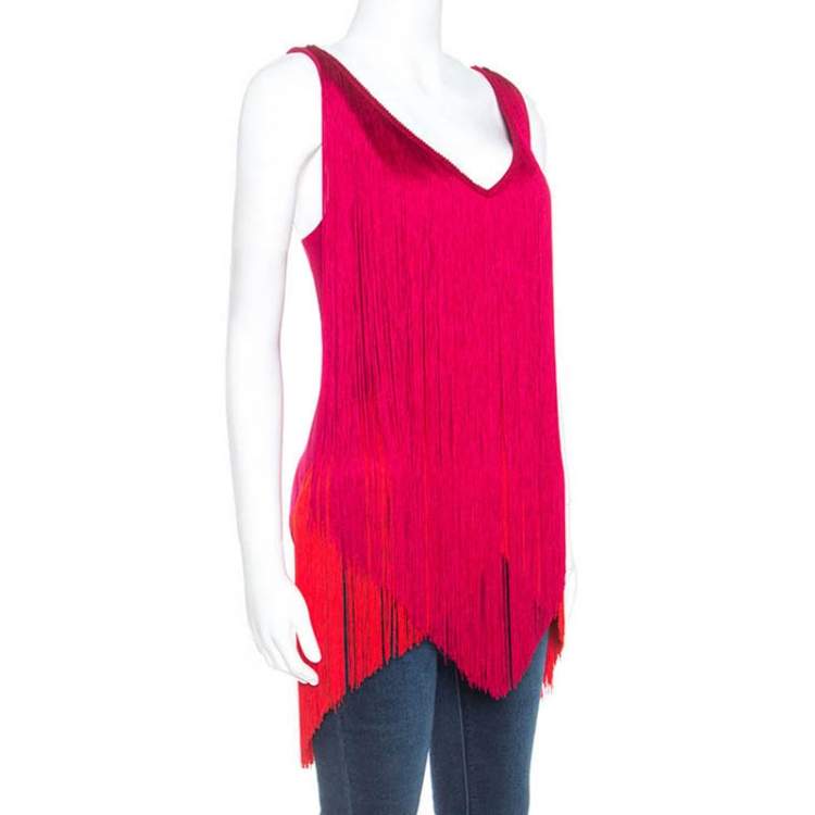 Pre Owned Stella McCartney Red Crepe Fringe Detail Sleeveless Top M