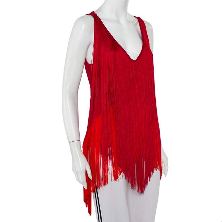 مملوكة مسبقًا Stella McCartney Red Crepe Sleeveless Fringed Top S