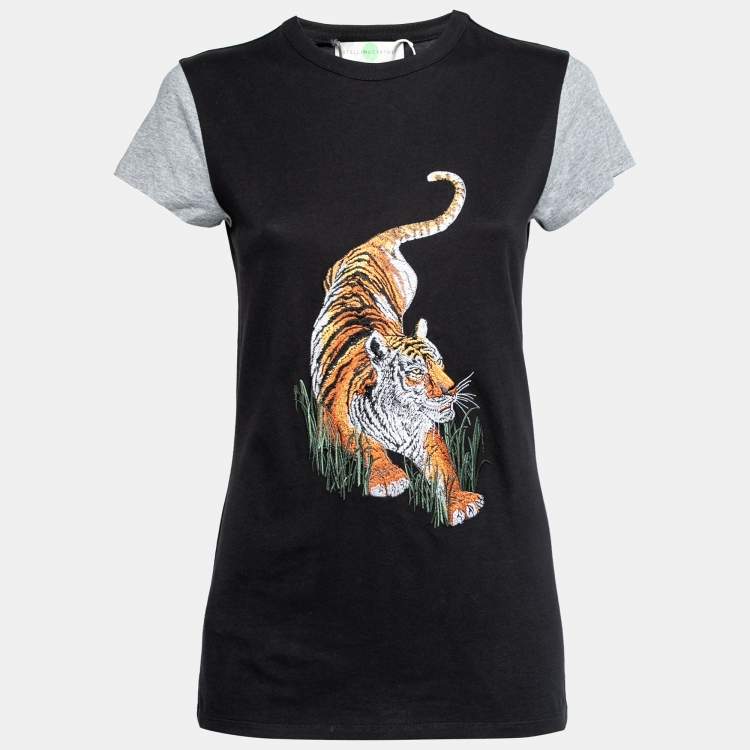 Pre Owned Stella McCartney Black Cotton Tiger Embroidered Short Sleeve T-Shirt M