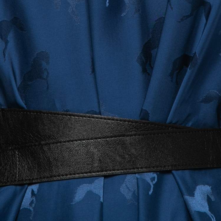 Pre Owned Stella McCartney Blue Horse Jacquard Silk Belted Maxi Dress S