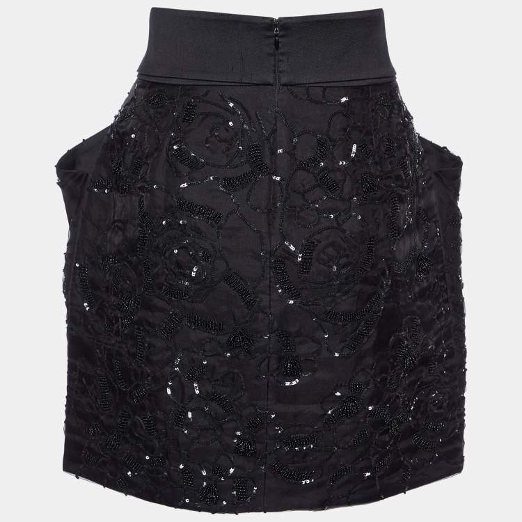 Pre Owned Stella McCartney Black Embellished Silk Bow Tie Detail Mini Skirt L