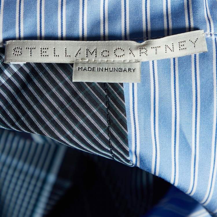 Pre Owned Stella McCartney Blue Plaid & Striped Mixed-Print  Asymmetric-Zip Oxford Flippy Dress L