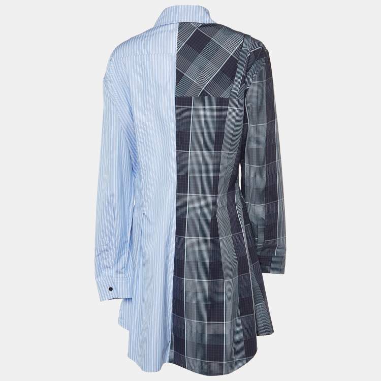 Pre Owned Stella McCartney Blue Plaid & Striped Mixed-Print  Asymmetric-Zip Oxford Flippy Dress L