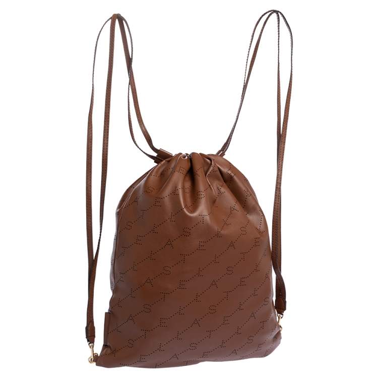 Pre Owned Stella McCartney Camel Logo Perforated Faux Leather Drawstring Backpack