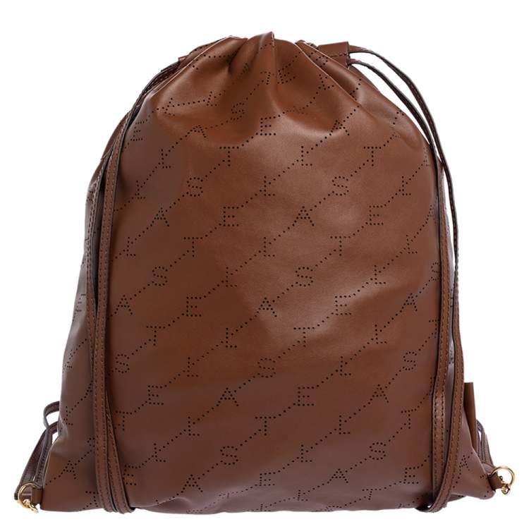 Pre Owned Stella McCartney Camel Logo Perforated Faux Leather Drawstring Backpack
