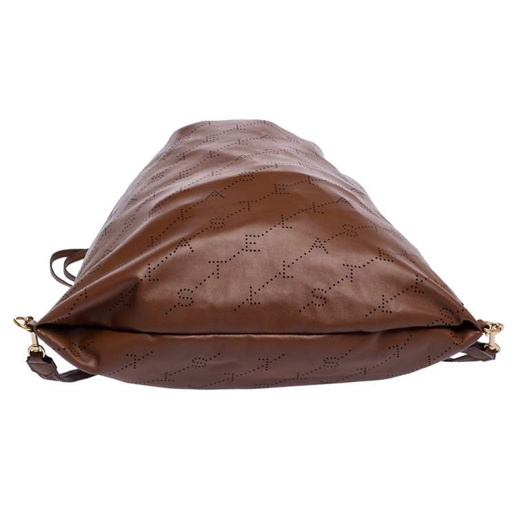 Pre Owned Stella McCartney Camel Logo Perforated Faux Leather Drawstring Backpack