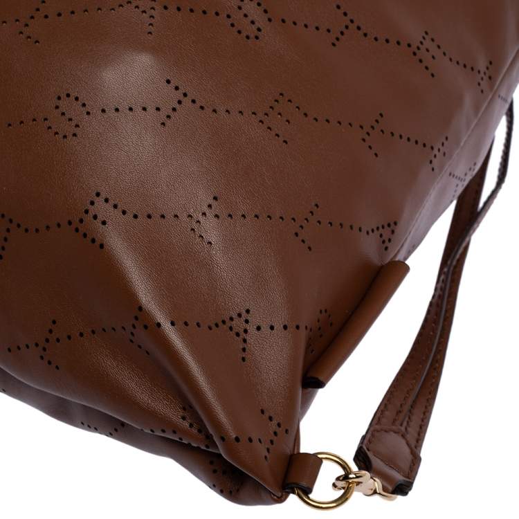 Pre Owned Stella McCartney Camel Logo Perforated Faux Leather Drawstring Backpack