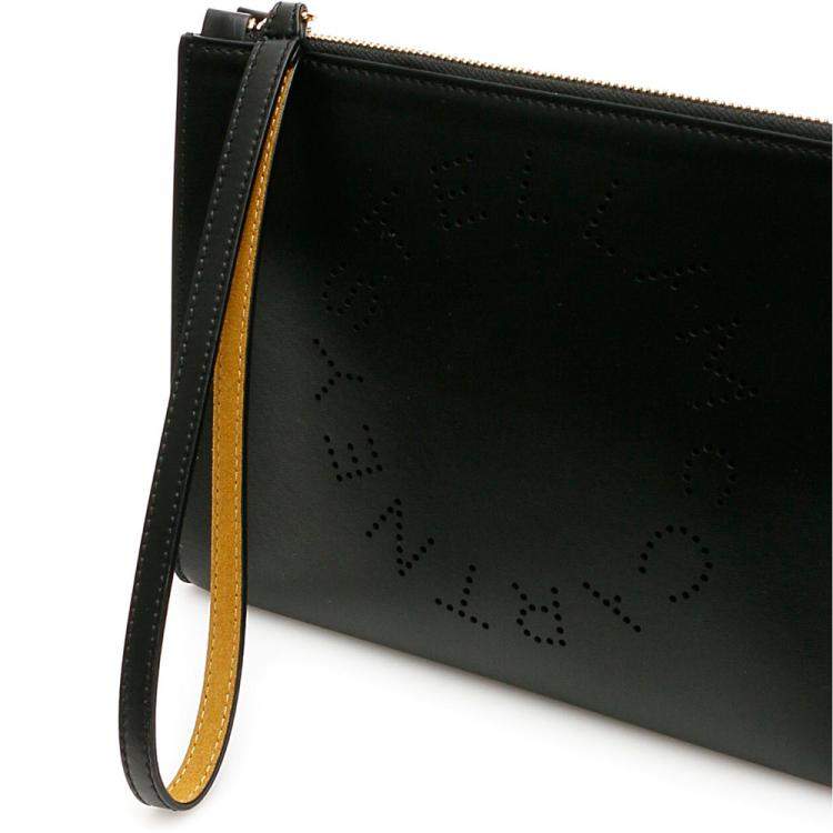 Pre Owned Stella McCartney Black Leather Flap Zip Logo Clutch