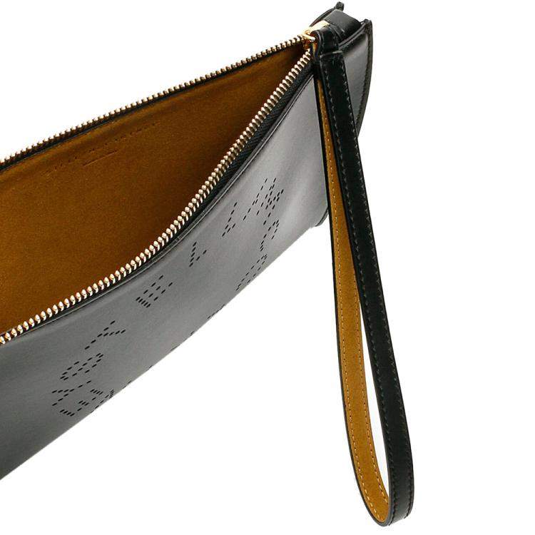 Pre Owned Stella McCartney Black Leather Flap Zip Logo Clutch