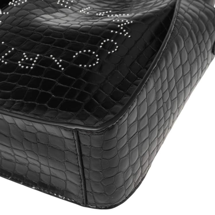 Pre Owned Stella McCartney Black Crocodile Embossed Faux Leather Logo Shoulder Bag 