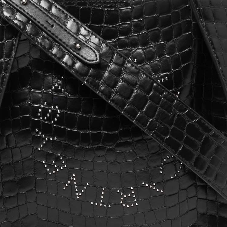 Pre Owned Stella McCartney Black Crocodile Embossed Faux Leather Logo Shoulder Bag 