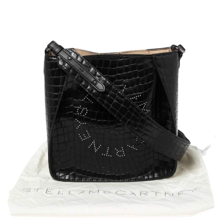 Pre Owned Stella McCartney Black Crocodile Embossed Faux Leather Logo Shoulder Bag 