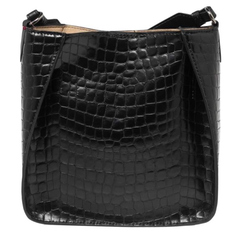 Pre Owned Stella McCartney Black Crocodile Embossed Faux Leather Logo Shoulder Bag 