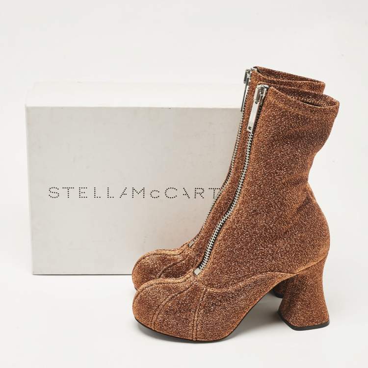Pre Owned Stella McCartney Brown Lurex Fabric Groove Ankle Length Boots Size 38