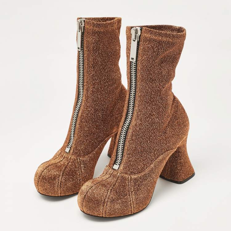 Pre Owned Stella McCartney Brown Lurex Fabric Groove Ankle Length Boots Size 38