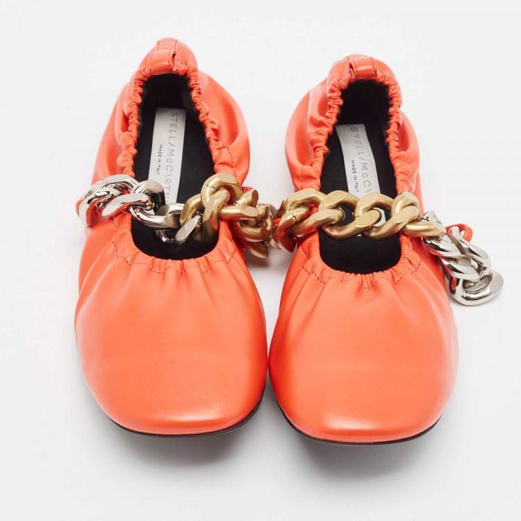 Pre Owned Stella McCartney Orange Faux Leather Falabella Soft Ballet Flats Size 38