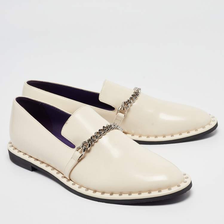 Pre Owned Stella McCartney Cream Faux Patent Leather Chain Loafers  Size 40