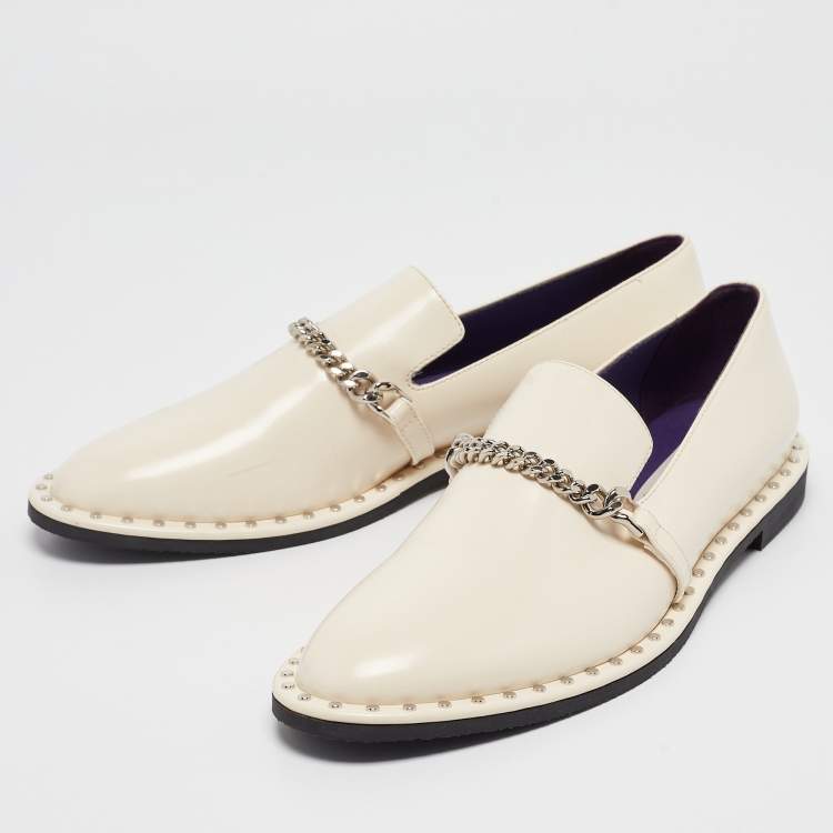 Pre Owned Stella McCartney Cream Faux Patent Leather Chain Loafers  Size 40