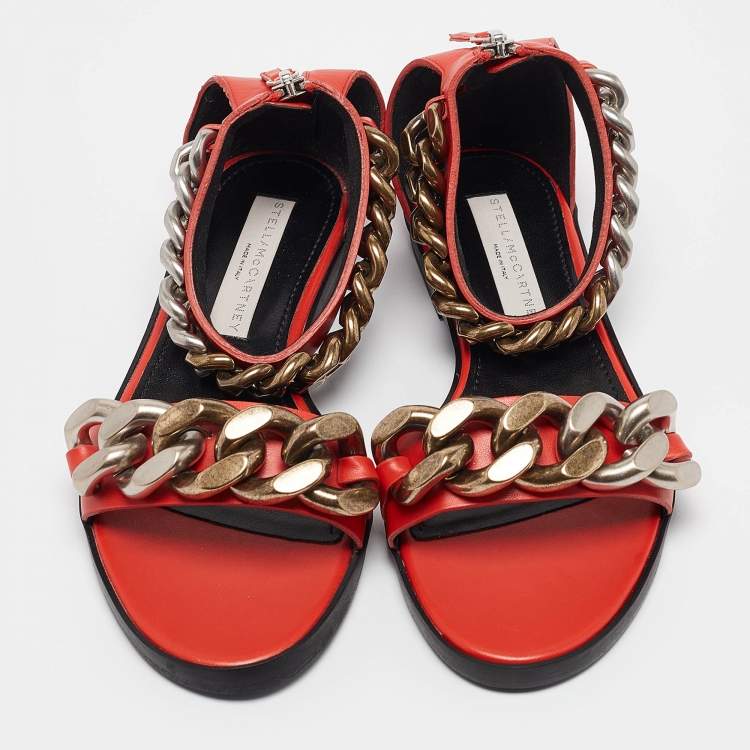 Pre Owned Stella McCartney Orange Faux Leather Falabella Flat Sandals Size 36