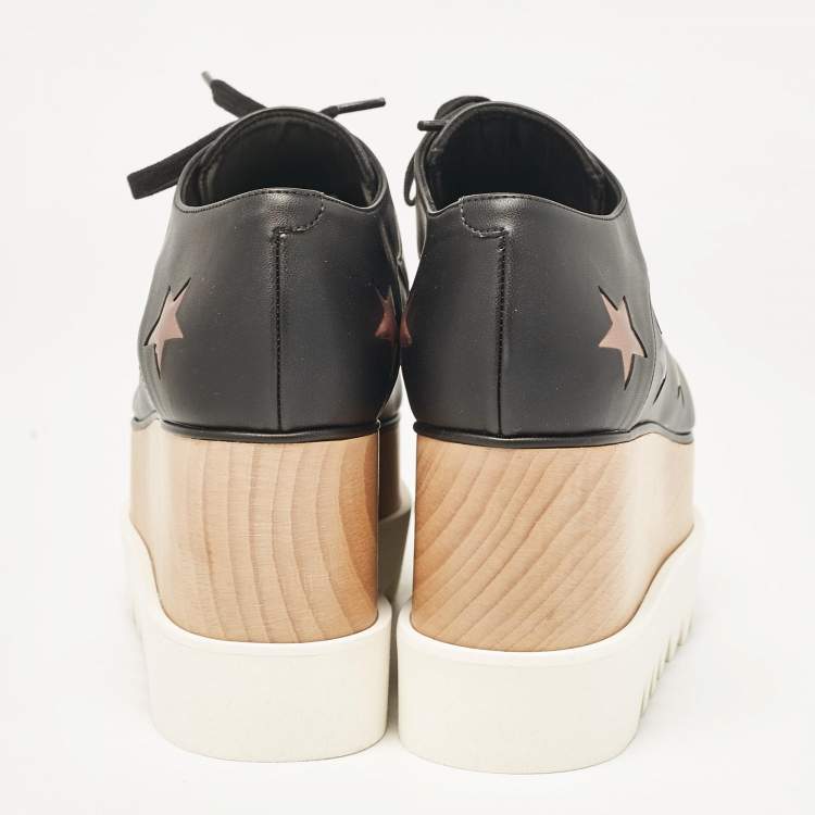 Pre Owned Stella McCartney Black Faux Leather Elyse Star Wedge Sneakers Size 37.5