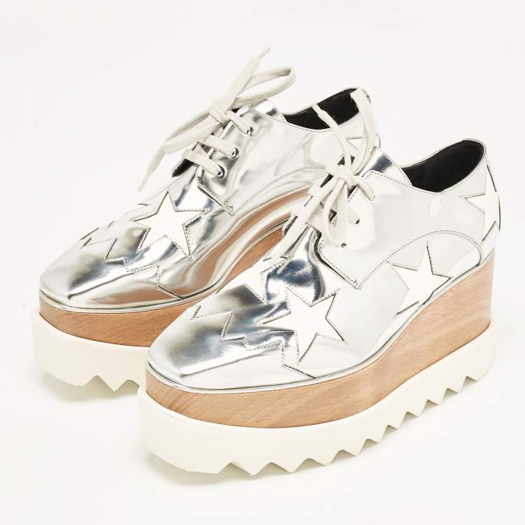 Pre Owned Stella McCartney Silver Faux Leather Elyse Star Platform Sneakers Size 35