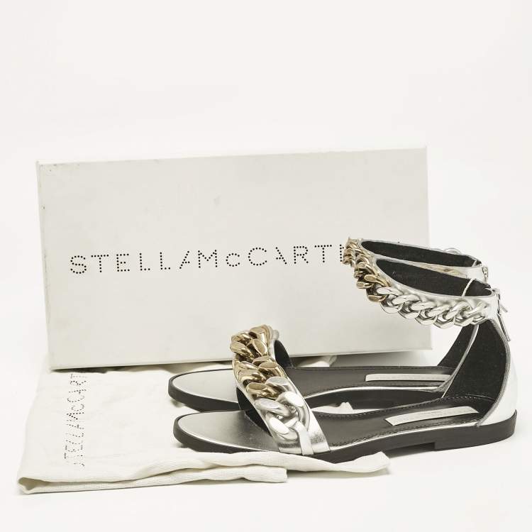 Pre Owned Stella McCartney Silver Faux Leather Falabella Flat Sandals Size 38